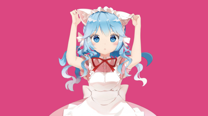 blue eyes, original characters, blue hair, maid, anime girls, apron, animal ears, simple background