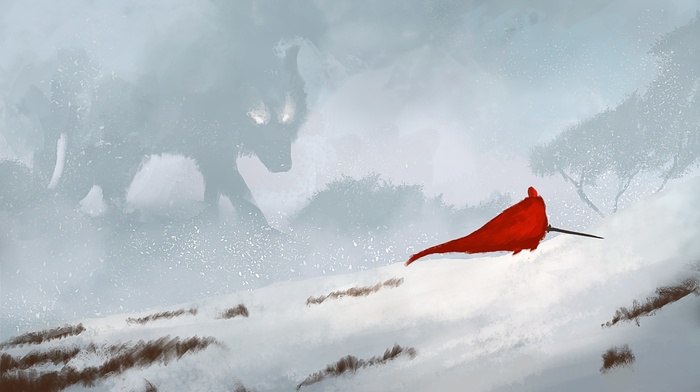 Red Riding Hood, red, snow, sword, wolf