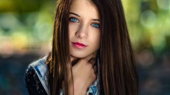 face, Gustavo Terzaghi, straight hair, looking at viewer, girl, depth of field, blue eyes, model, long hair