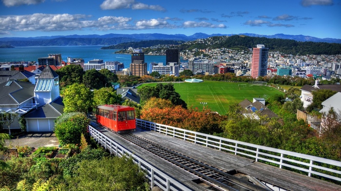 grass, New Zealand, house, architecture, cityscape, train, building, Wellington, clouds, city, railway, hills, trees, sea, Soccer Field