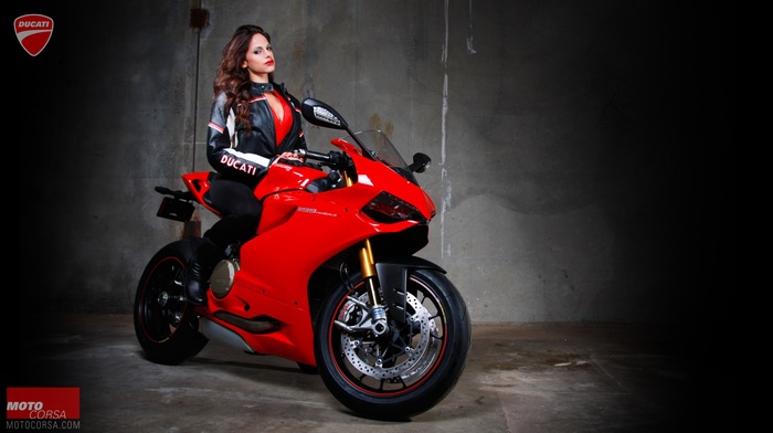 girl with bikes, motorcycle, Ducati 1199