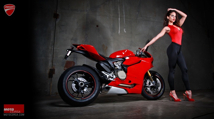 motorcycle, tight clothing, girl with bikes, hands on head, red heels, high heels, Ducati 1199