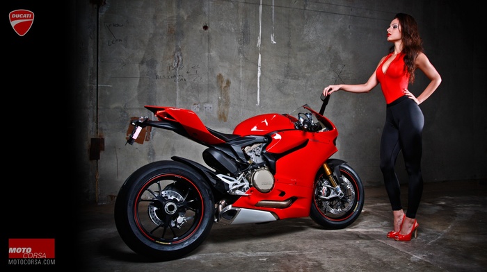 Ducati 1199, hands on hips, girl with bikes, red heels, motorcycle, high heels, tight clothing