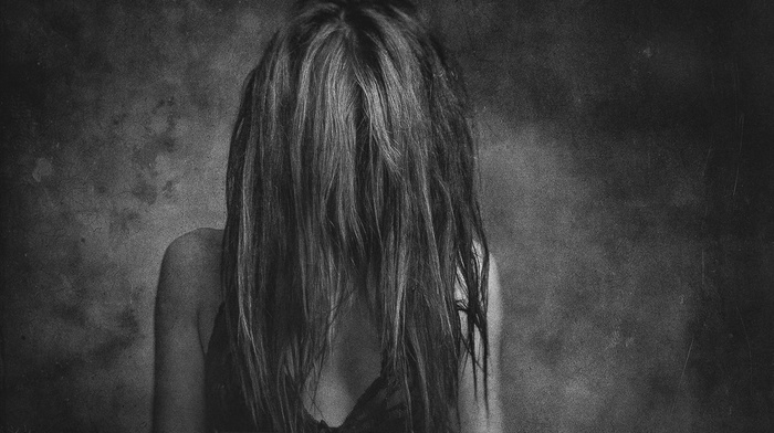 hair in face, girl, monochrome