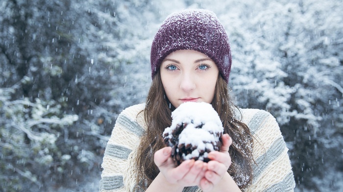 brunette, girl, blue eyes, winter, snow