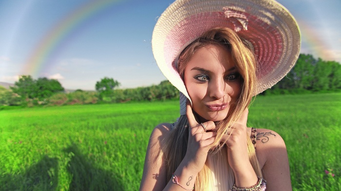 blonde, blue eyes, tattoo, field, rainbows, girl