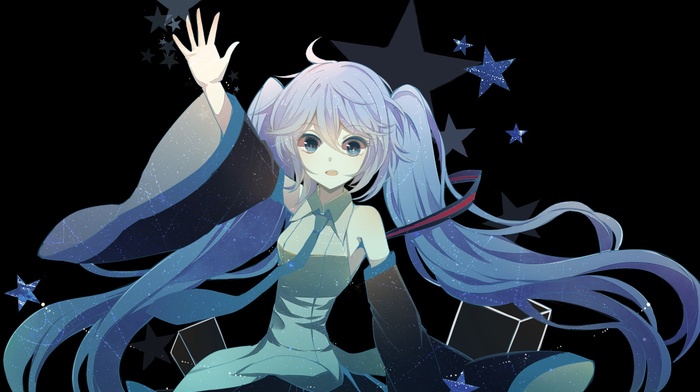 twintails, anime girls, tie, long hair, blue eyes, stars, cube, open mouth, detached sleeves, blue hair, blue, Vocaloid, skirt, Hatsune Miku, anime, simple background
