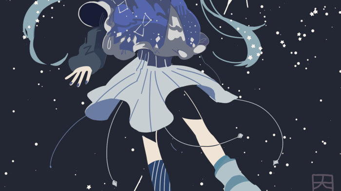 skirt, snow flakes, simple background, winter, long hair, Vocaloid, anime girls, twintails, socks, blue, striped socks, detached sleeves, anime, scarf, Hatsune Miku, blue hair