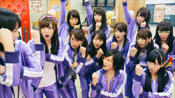 open mouth, girl with glasses, black hair, standing, Asian, girl, group of girl, looking away, short hair, twintails, brunette, long hair, Nogizaka46, hair band