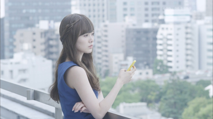 long hair, girl outdoors, Asian, brunette, smartphone, standing, Nogizaka46, girl, looking away, blue dress