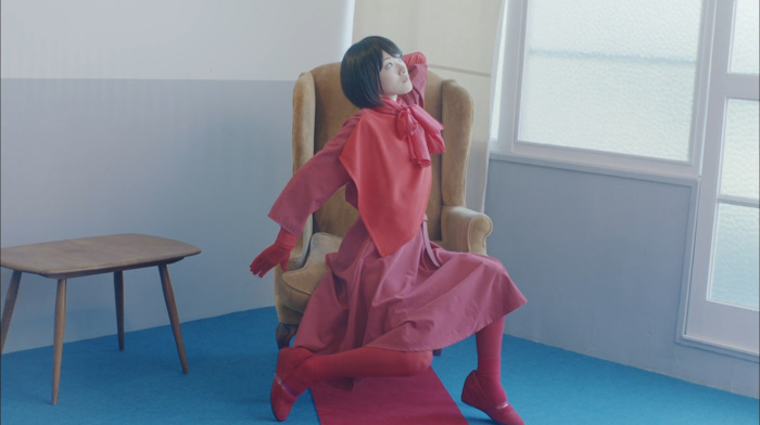girl, Asian, Nogizaka46, chair, black hair, red dress, gloves, scarf, short hair, looking away, brunette, sitting