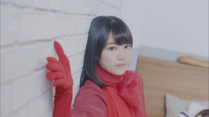red dress, Asian, gloves, girl, wall, black hair, brunette, scarf, straight hair, brown eyes, looking at viewer, Nogizaka46