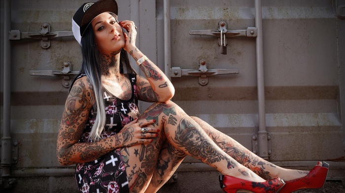 tattoo, high heels, model, girl, hat