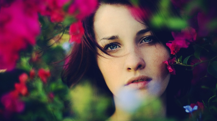 freckles, blue eyes, flowers, girl
