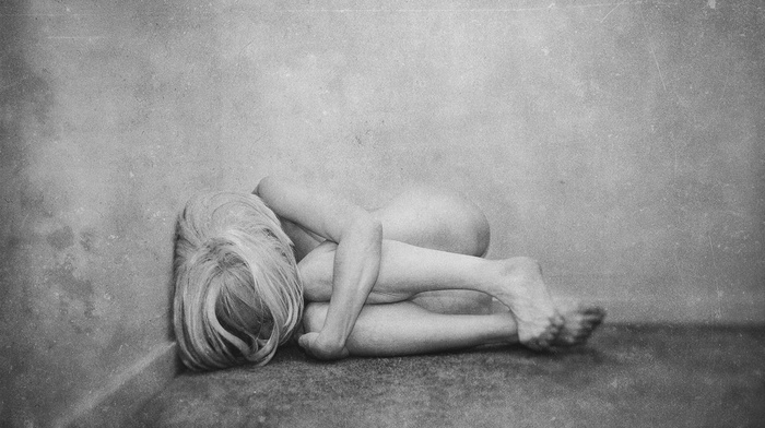 girl, fetal position, monochrome, nude
