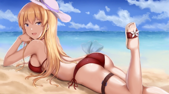 original characters, hat, blonde, anime, water, bikini, anime girls, ass, beach