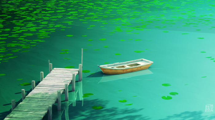 lily pads, boat, plants, lake, nature, artwork, dock, pier