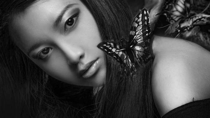 portrait, Asian, face, monochrome, butterfly, model