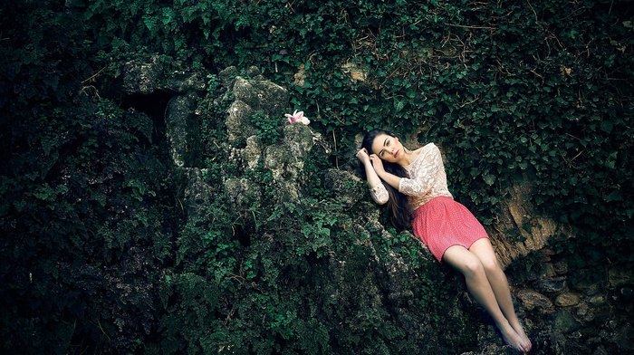 girl, green, plants, girl outdoors, model, rock