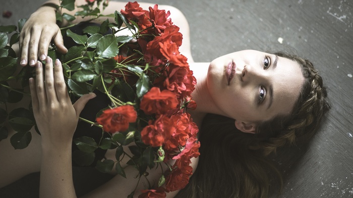 girl, model, flowers