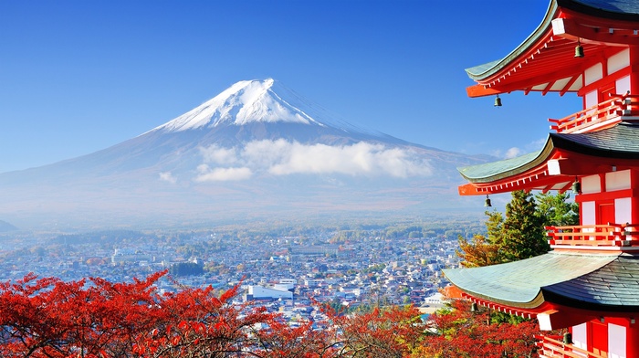 building, Mount Fuji, Japan, trees, mountains, Asian architecture, nature