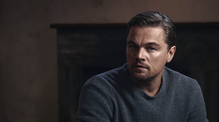 men, looking at viewer, portrait, face, Leonardo DiCaprio, actor, sweater, depth of field