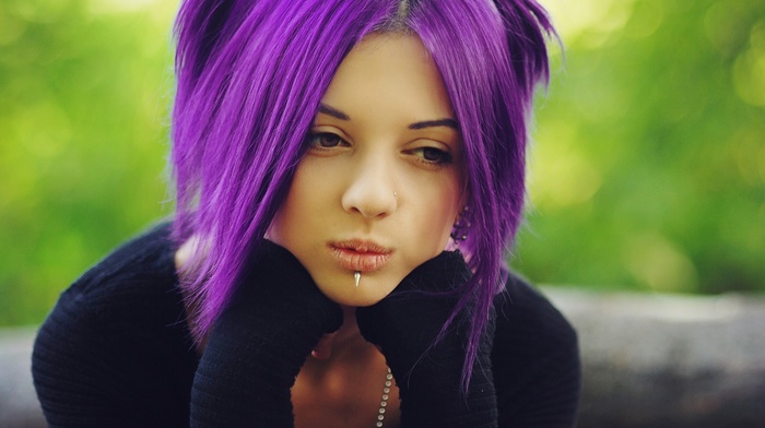 brown eyes, girl, dyed hair, purple hair, piercing, girl outdoors, face, model