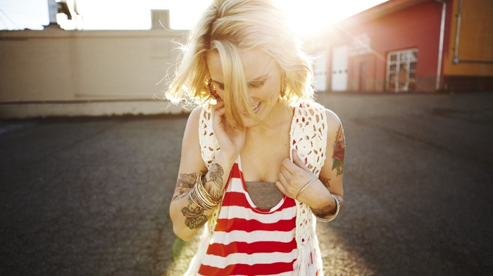 smiling, blonde, tattoo, girl