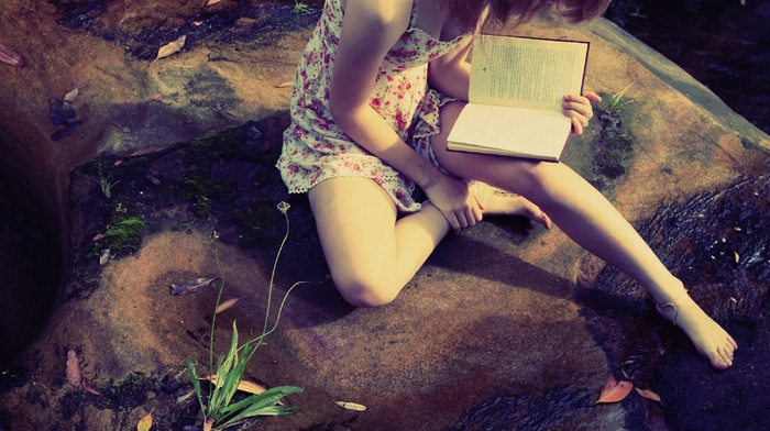 girl, summer  dress, barefoot, books, introvert, reading