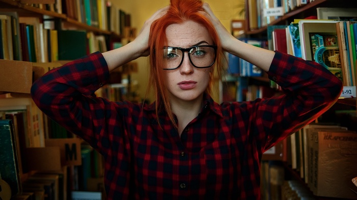hands on head, redhead, girl with glasses, portrait, girl