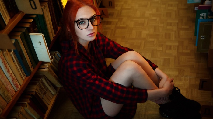 girl with glasses, redhead, Ivan Babydov, girl, sitting, portrait