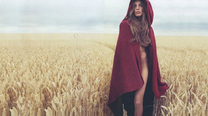 no bra, field, hoods, Little Red Riding Hood, girl outdoors, bottomless, strategic covering, girl