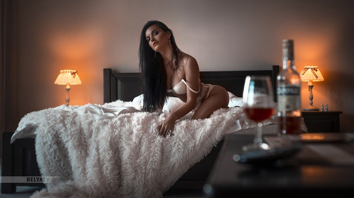 ass, kneeling, in bed, white lingerie, girl