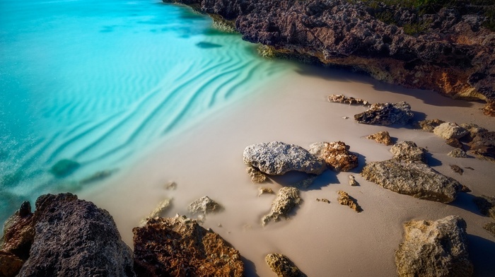 landscape, nature, sea, turquoise, sand, beach, rock, water