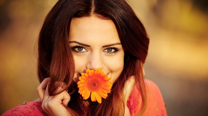 girl, smiling, flowers, eyes
