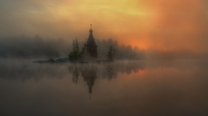 mist, reflection, sunlight, landscape, church, river, Russia, nature