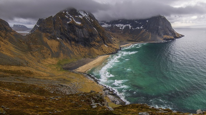landscape, beach, sea, Lofoten Islands, clouds, sand, Norway, mountains, nature