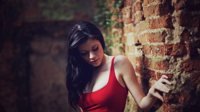 wall, red dress, girl, long hair, eyes, brunette