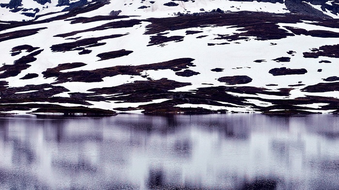 landscape, snow, mountains, reflection, water