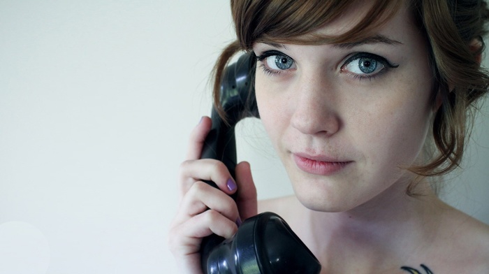 blue eyes, colored nails, freckles, phone, looking at viewer, girl