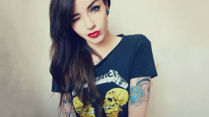 blue eyes, tattoo, Karole Katarina, winking, wink, girl, nose rings