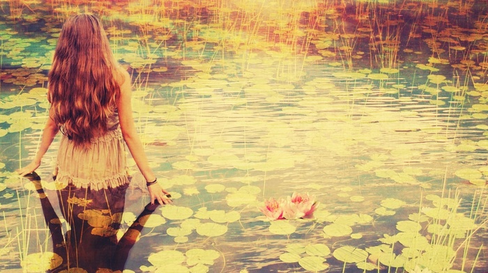 water, long hair, lily pads, girl, girl outdoors