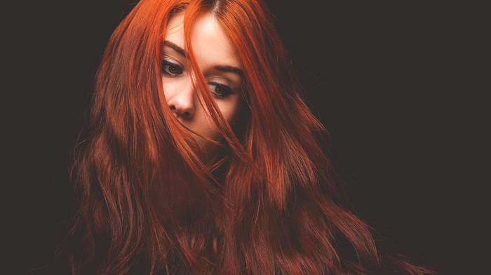 redhead, girl, portrait, hair in face, face, simple background