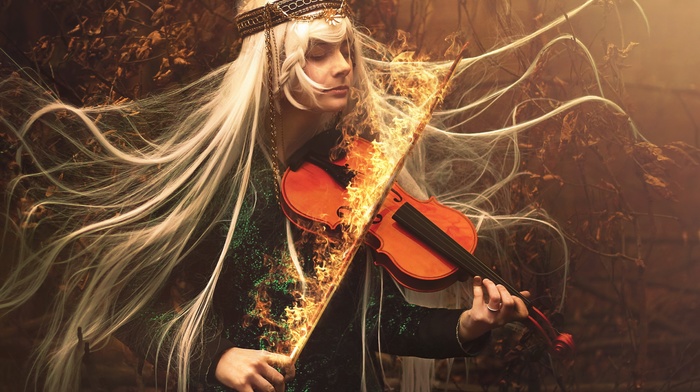 blonde, fire, music, violin, fantasy art