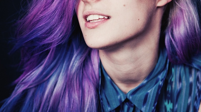 dyed hair, portrait display, face, Chloe Nrgaard, portrait, open mouth, hair in face, girl, long hair, model, looking away, purple hair, blue dress