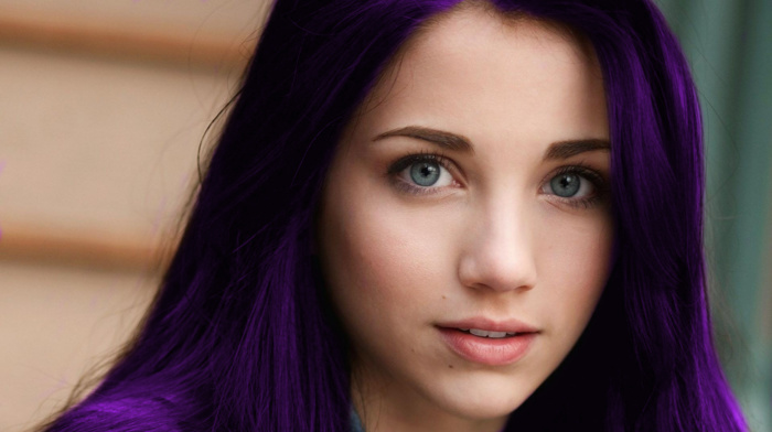 long hair, photo manipulation, blue eyes, girl, face, model, looking at viewer, open mouth, purple hair, portrait, emily rudd