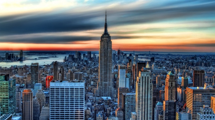 skyscraper, architecture, water, city, New York City, Manhattan, bridge, clouds, sunset, cityscape, USA, building, window, cranes machine, long exposure, empire state building, evening