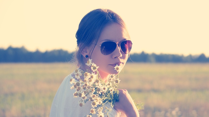 field, sunglasses, flowers, girl outdoors, girl