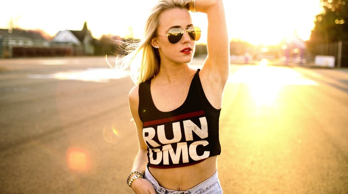 road, sunglasses, sunlight, girl outdoors, blonde, armpits, girl, Run DMC