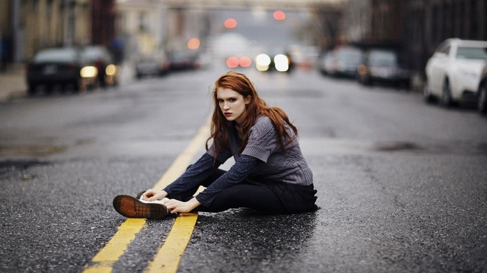 sitting, looking at viewer, girl, depth of field, road, redhead, girl outdoors